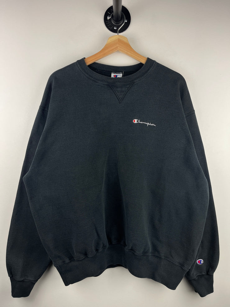 Vintage 90s Champion Spellout Embroidered Black Crewneck