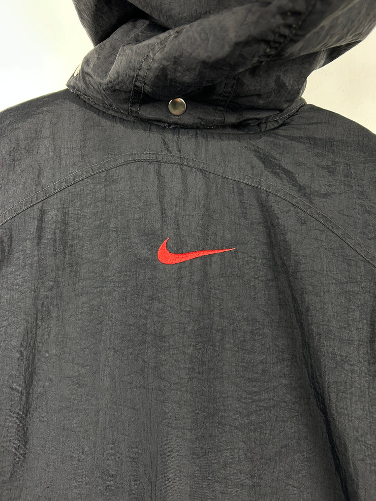 Vintage 90s Nike Swoosh Spellout Black Sherpa Lined Hooded Jacket