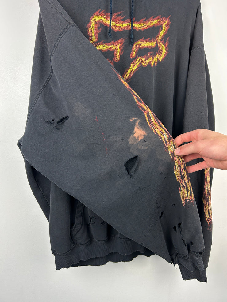 Vintage 90s Fox Racing Flames Thrashed Black Hoodie