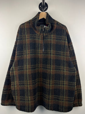 Vintage 90s Winner Tech Plaid Black & Brown Quarter Zip Sherpa Fleece Sweater