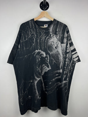 Vintage 90s Wolf Wilderness All Over Print Black Tee