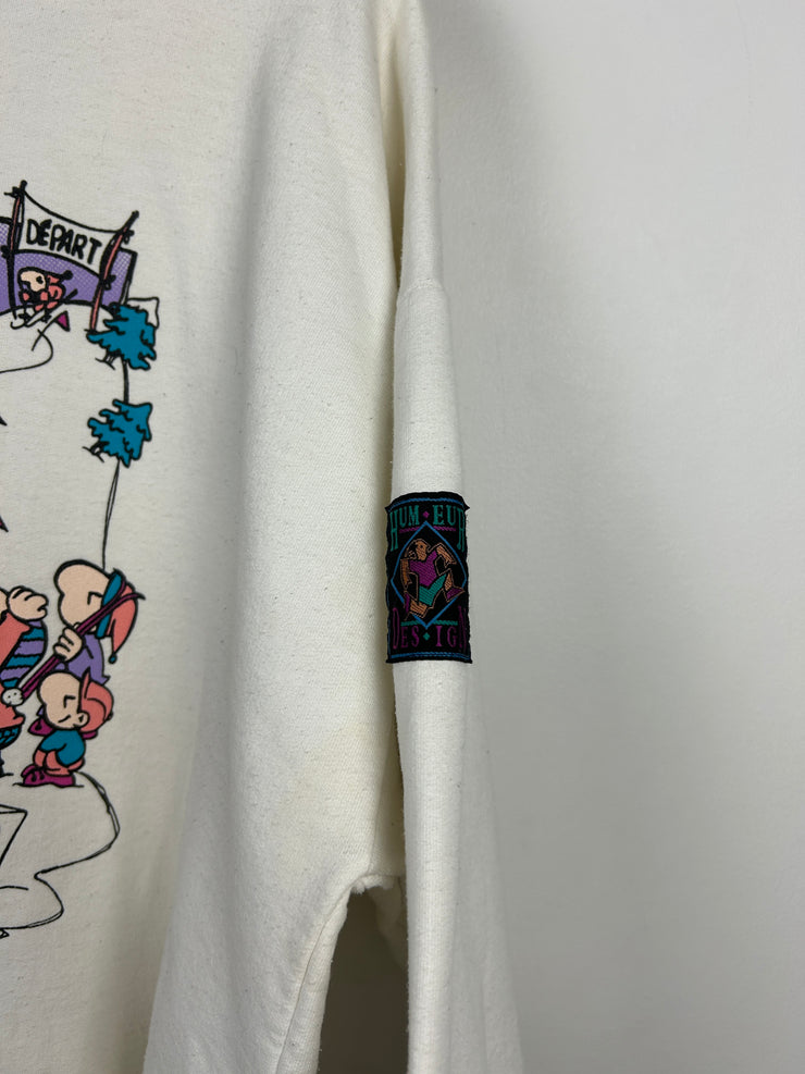 Vintage 90s Skiing Cartoon Art White Crewneck