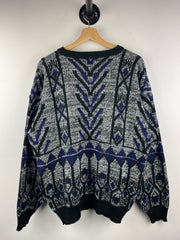 Vintage 90s Street Scenes Pattern Black & Purple Knit Sweater