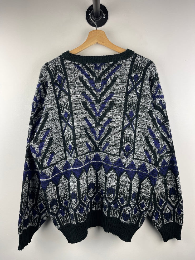 Vintage 90s Street Scenes Pattern Black & Purple Knit Sweater