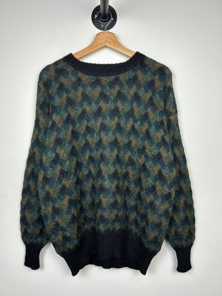 Vintage 90s Hellet Alpaca Wool Green & Black Knit Sweater