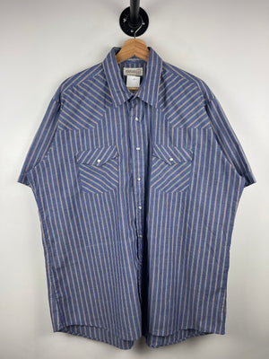 Vintage 90s Sheplers Pearl Snap Striped Blue Short Sleeve Button Up Shirt