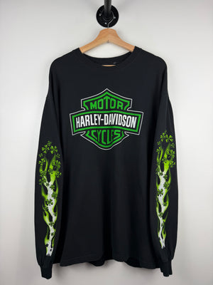 Vintage 2005 Harley Davidson Clover Flames St Patricks Day Savannah Black Long Sleeve