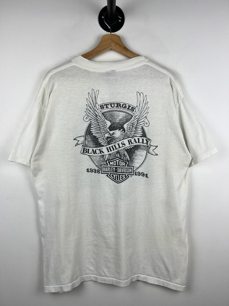 Vintage 90s Harley Davidson Sturgis Black Hills Rally 3D Emblem White Tee