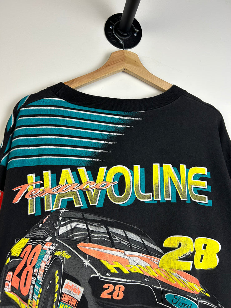 Vintage 1993 Nascar Davey Allison Havoline All Over Print Black Tee