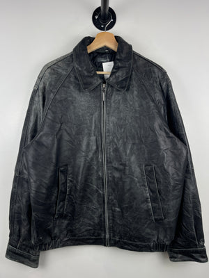 Vintage 90s Perry Ellis Portfolio Faded Black Lambskin Leather Bomber Jacket
