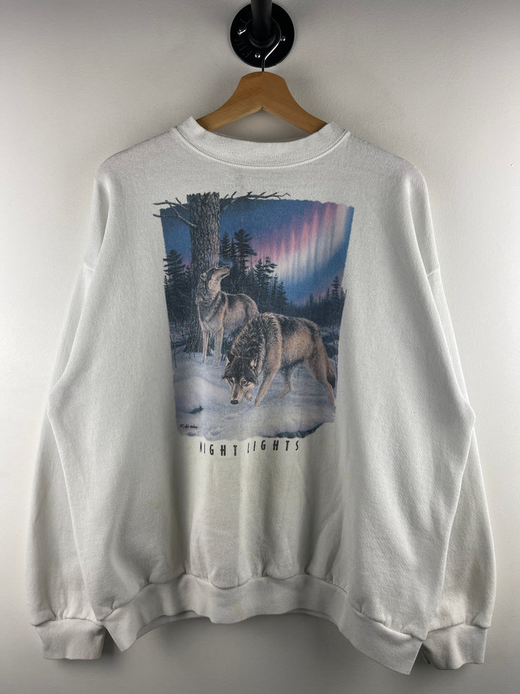 Vintage 90s Night Lights Wolves White Crewneck