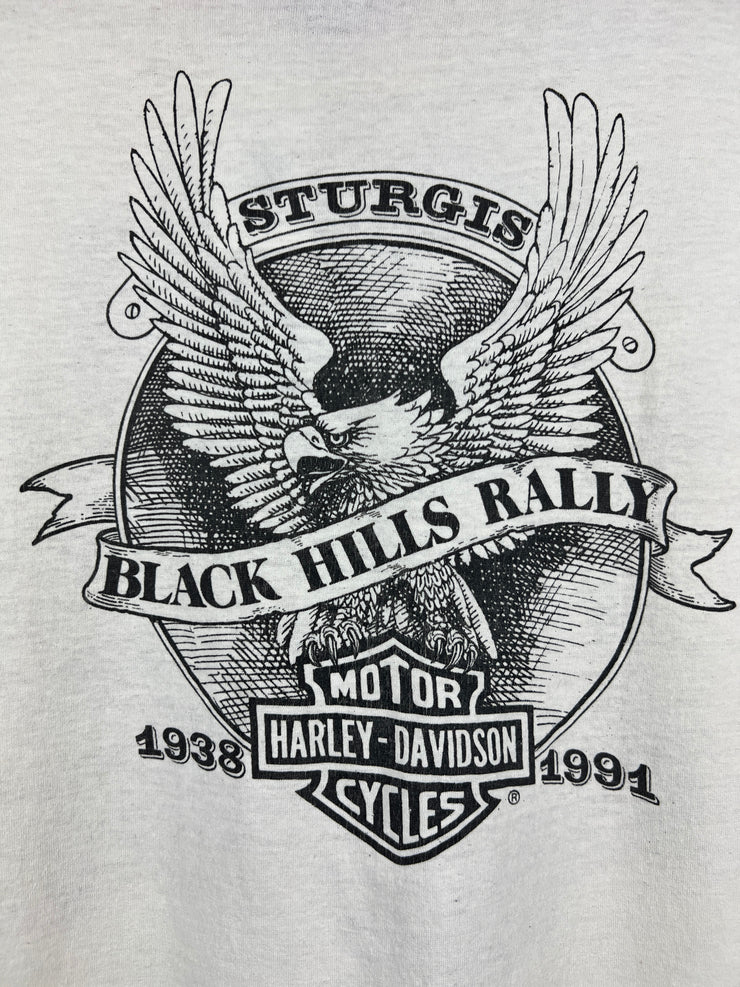 Vintage 90s Harley Davidson Sturgis Black Hills Rally 3D Emblem White Tee