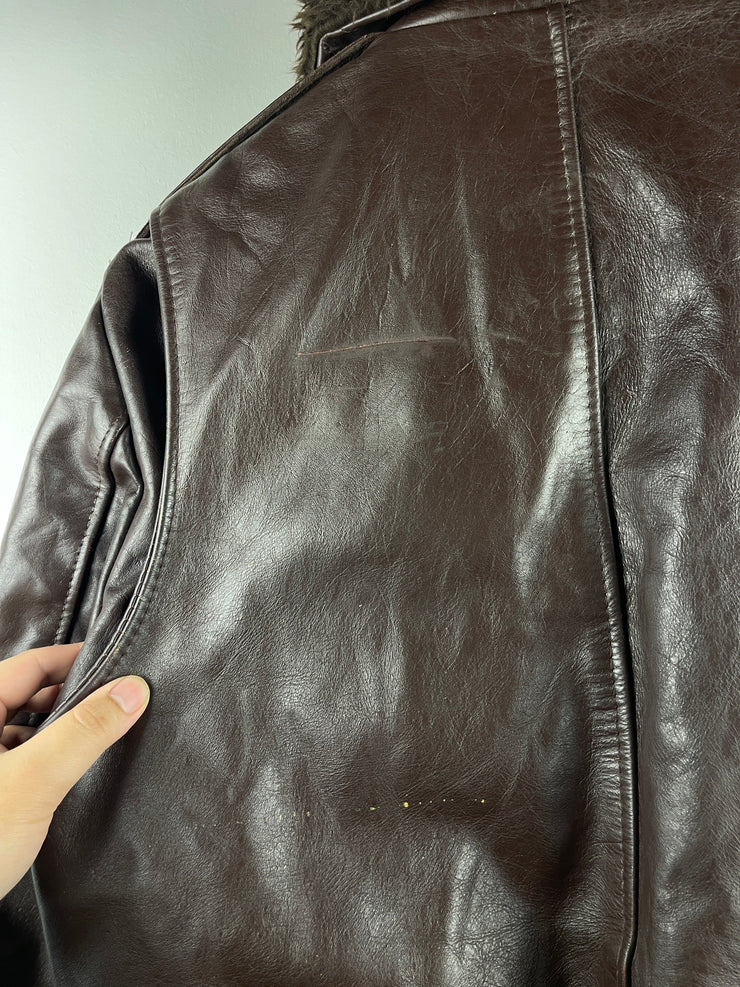 Vintage 80s Excelled Flight Bomber Fur Collar Brown Leather Jacket