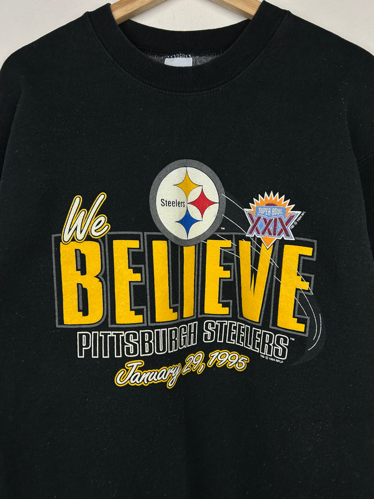 Vintage 90s NFL Salem Pittsburgh Steelers Super Bowl We Believe Black Crewneck