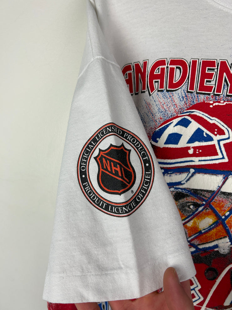 Vintage 90s NHL Bulletin Montreal Canadiens All Over Print White Tee