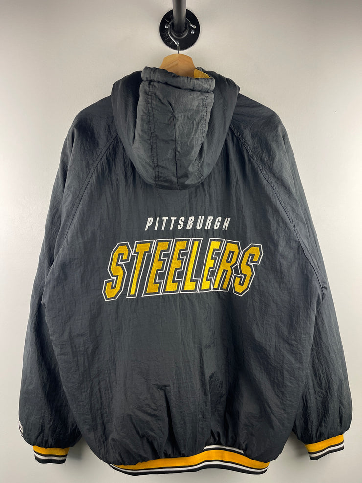 Vintage 90s NFL Logo 7 Pittsburgh Steelers Black Insulated Hooded Jacket