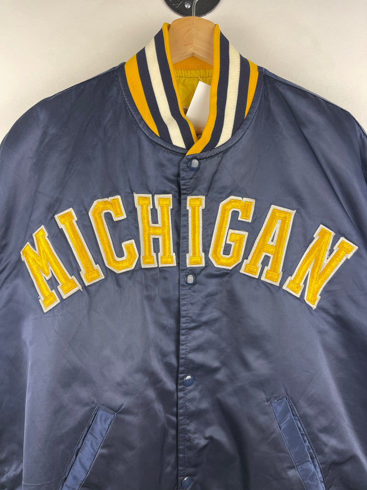 Vintage 90s Starter Michigan Wolverines Navy Satin Bomber Jacket
