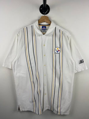 Vintage NFL Reebok Pittsburgh Steelers Striped White Button Up Short Sleeve Shirt