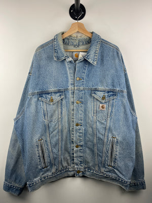 Vintage 90s Carhartt Trucker Thrashed Blue Denim Work Jacket JU1998