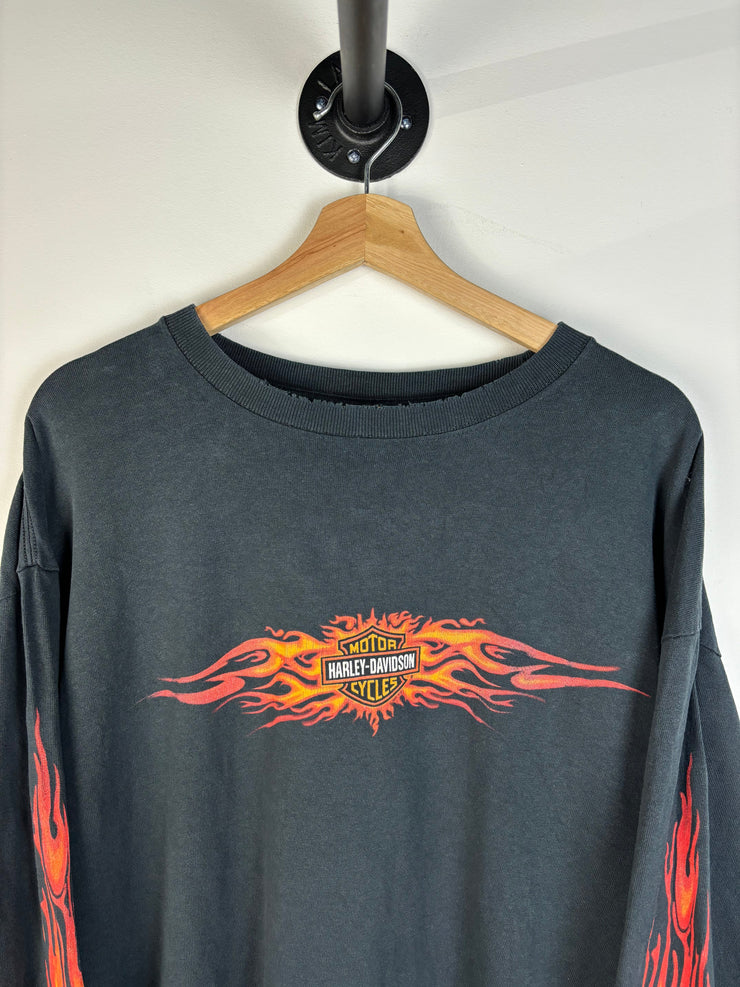 Vintage 2002 Harley Davidson Flames Black Long Sleeve