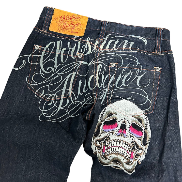 Christian Audigier Embroidered Skull Dark Wash Blue Denim Jeans