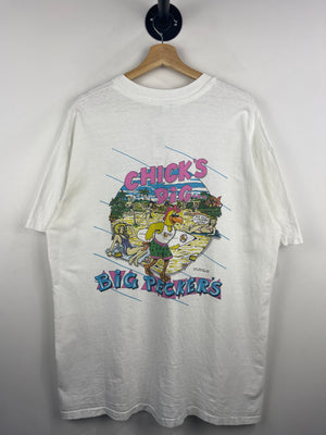 Vintage 80s Big Peckers Chicks Dig Surf Volleyball White Tee