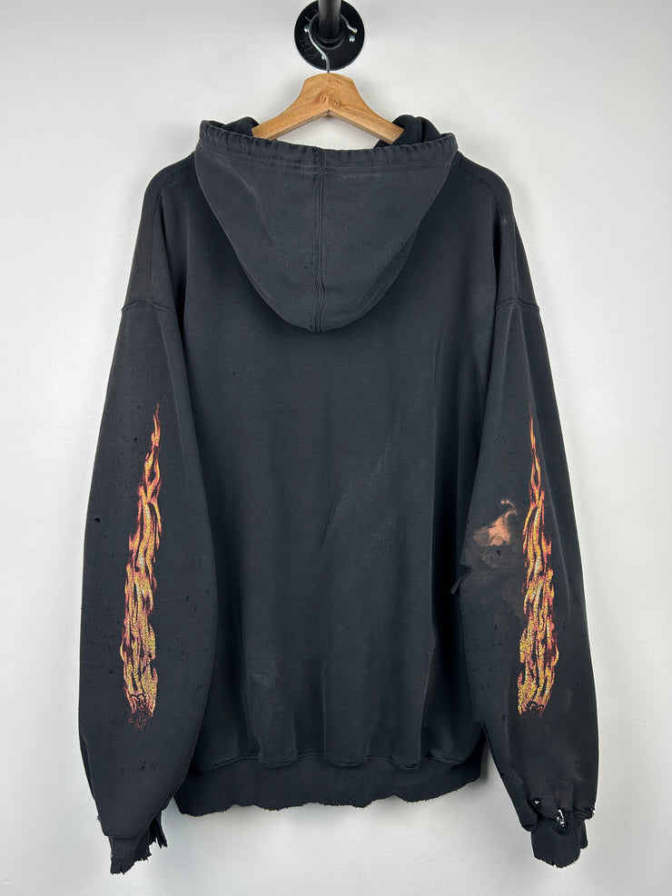 Vintage 90s Fox Racing Flames Thrashed Black Hoodie