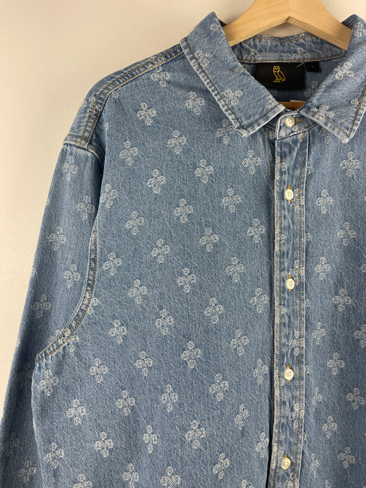 OVO Monogram Blue Denim Button Up Long Sleeve Shirt