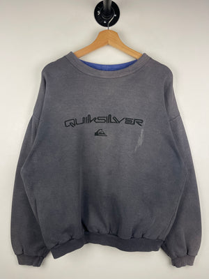 Vintage 90s Quiksilver Surf Skateboard Embroidered Faded Black Crewneck