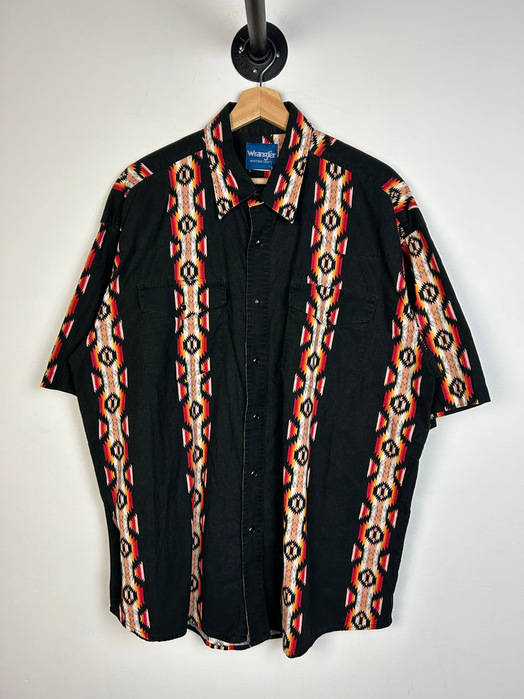 Vintage 90s Wrangler Western Pearl Snap Black Button Up Short Sleeve Shirt