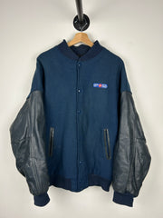 Vintage Canada Post Shipping Navy Wool Leather Varsity Jacket