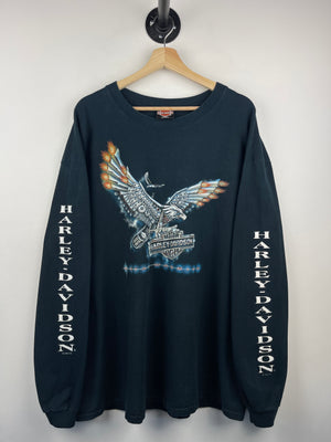 Vintage 90s Harley Davidson Metal Warrior Chrome Eagle Pensacola Florida Black Long Sleeve
