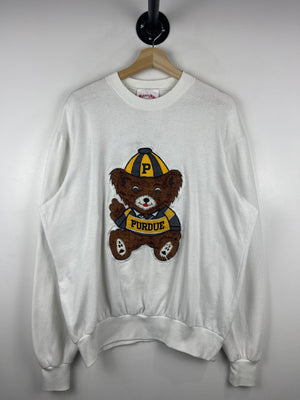 Vintage 80s Nutmeg Purdue Boilermakers Teddy Bear Embroidered White Crewneck