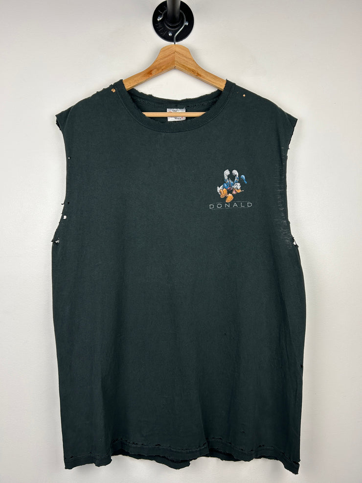 Vintage 90s Disney Donald Duck Thrashed Black Cut Off Tank Top