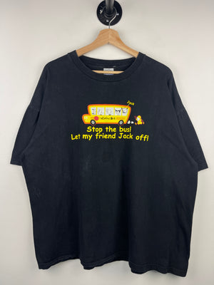 Vintage Stop The Bus Let My Friend Jack Off Comedy Black Tee