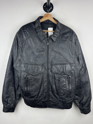 Vintage 90s New Order Black Leather Multi Pocket Bomber Jacket