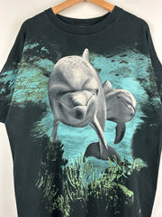 Vintage 90s Dolphins Ocean All Over Print Black Tee
