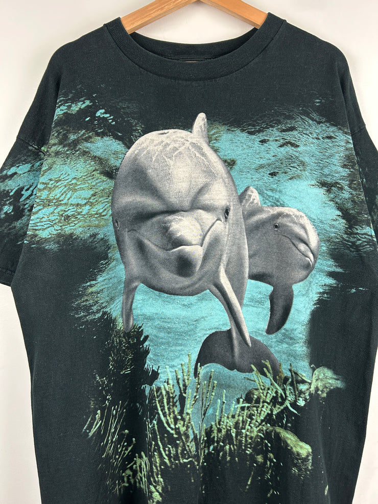 Vintage 90s Dolphins Ocean All Over Print Black Tee