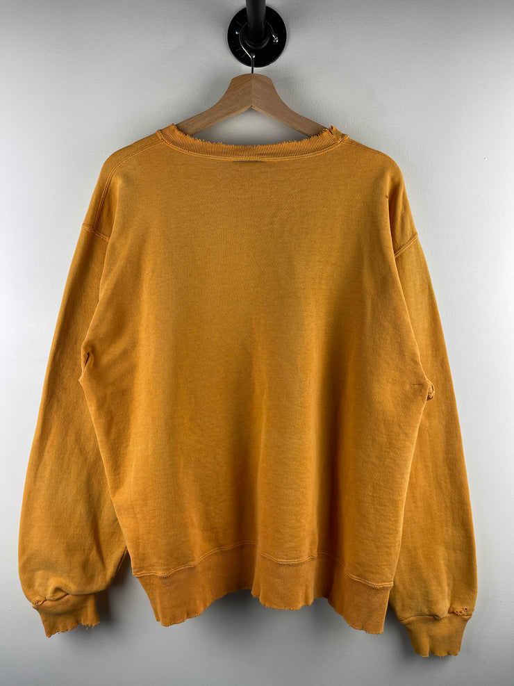 Vintage 90s Champion Embroidered Spellout Thrashed Mustard Yellow Crewneck