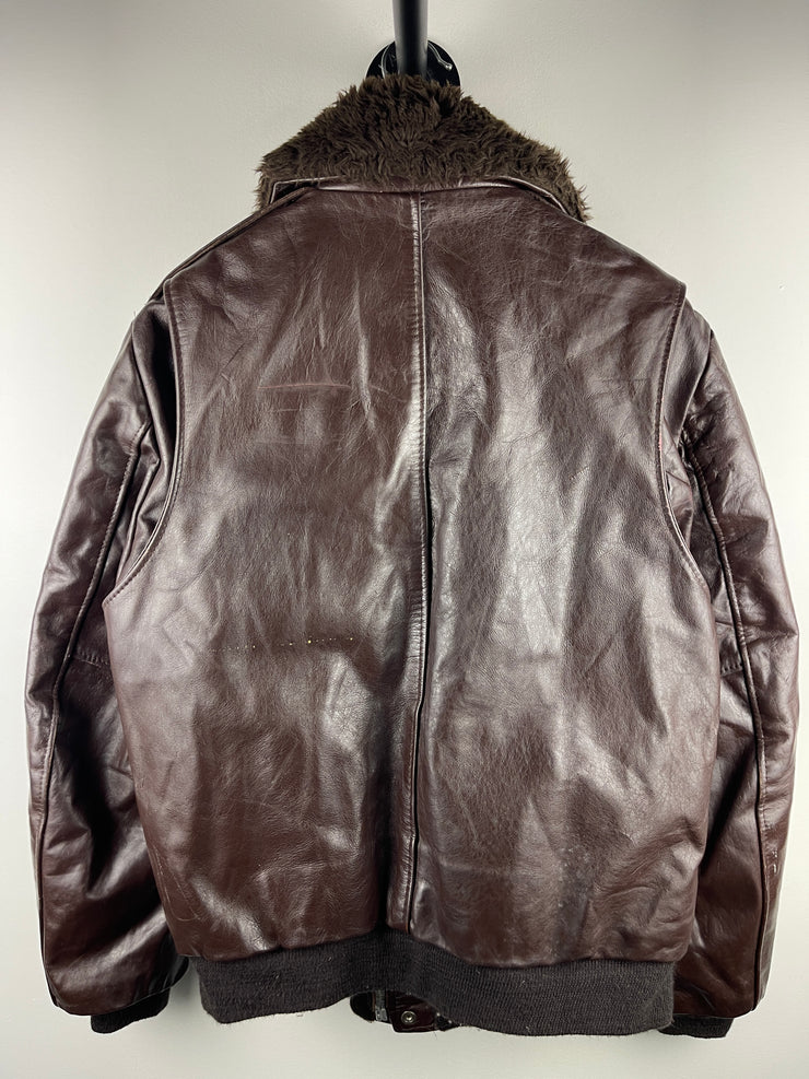 Vintage 80s Excelled Flight Bomber Fur Collar Brown Leather Jacket