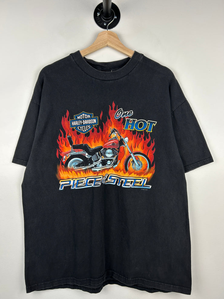 Vintage 90s Harley Davidson One Hot Piece Of Steel Flames Black Tee