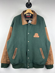 Vintage 90s Identity John Deere Green & Brown Wool Leather Bomber Jacket