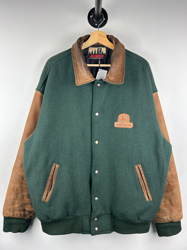 Vintage 90s Identity John Deere Green & Brown Wool Leather Bomber Jacket