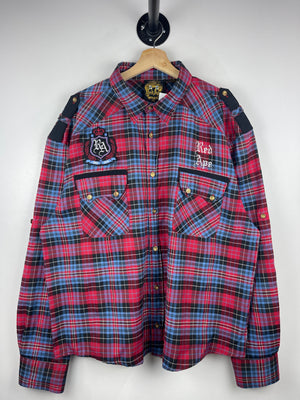 Vintage Y2K Red Ape Embroidered Plaid Red & Blue Long Sleeve Button Up Shirt
