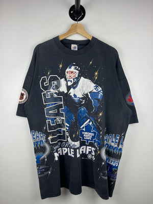 Vintage 90s NHL Bulletin Toronto Maple Leafs All Over Print Faded Black Tee