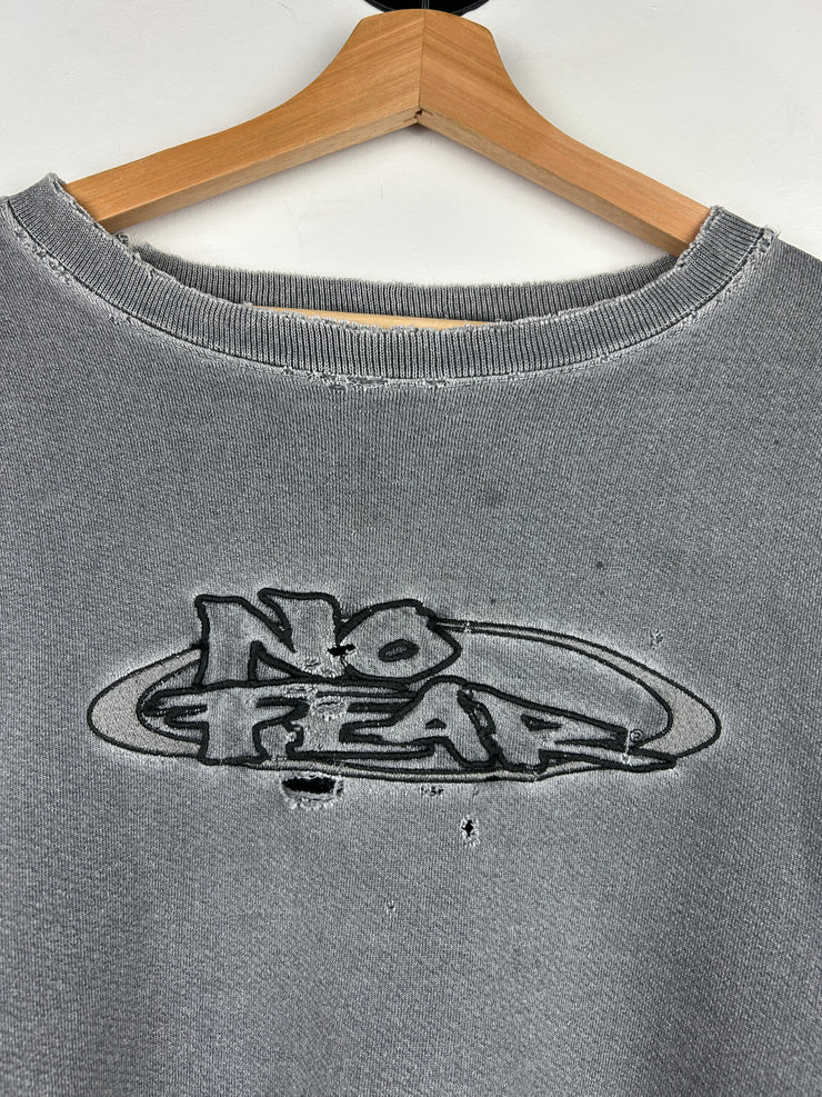 Vintage 90s No Fear Embroidered Thrashed Faded Grey Crewneck