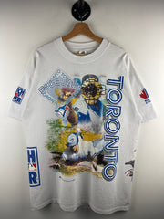 Vintage 90s MLB Bulletin Toronto Blue Jays All Over Print White Tee