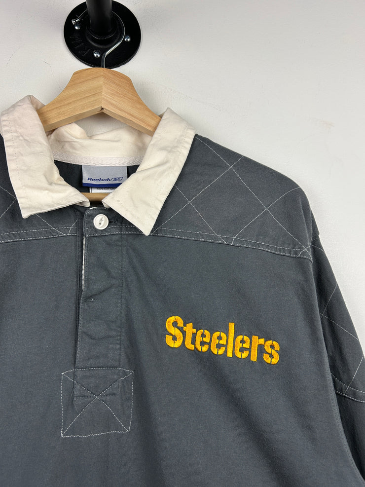 Vintage NFL Reebok Pittsburgh Steelers Grey Polo Rugby Long Sleeve