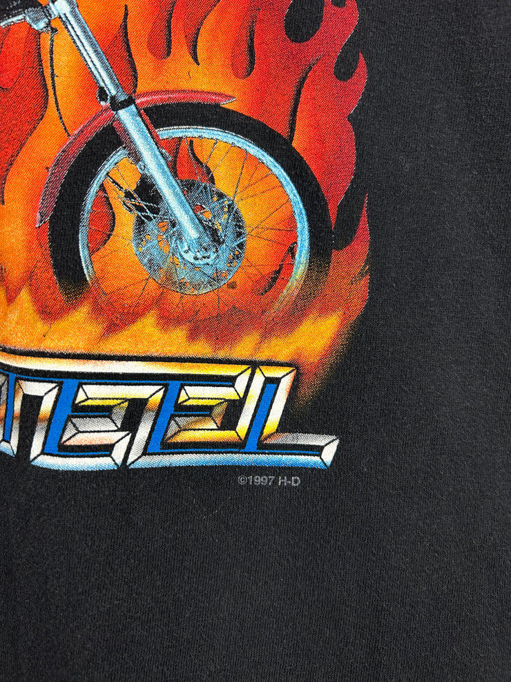 Vintage 90s Harley Davidson One Hot Piece Of Steel Flames Black Tee