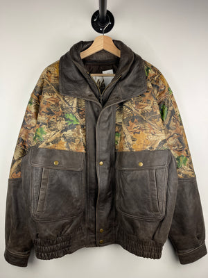 Vintage 90s Webers Real Tree Camo & Brown Leather Bomber Jacket